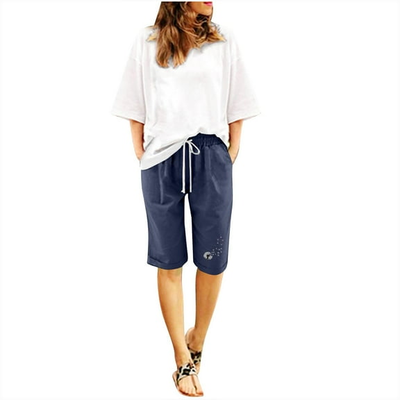 Capri Pants for Women Summer Casual Baggy Cotton Linen Shorts Pants Drawstring Knee Length Trousers with Pockets