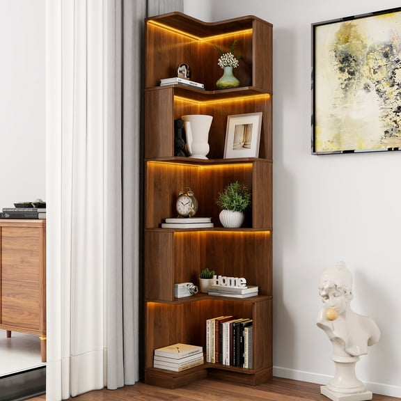 YIYADO 5-Tier Corner Bookshelf, Freestanding L-Shaped Display Shelf with Baffle for Living Room, Office, Bedroom