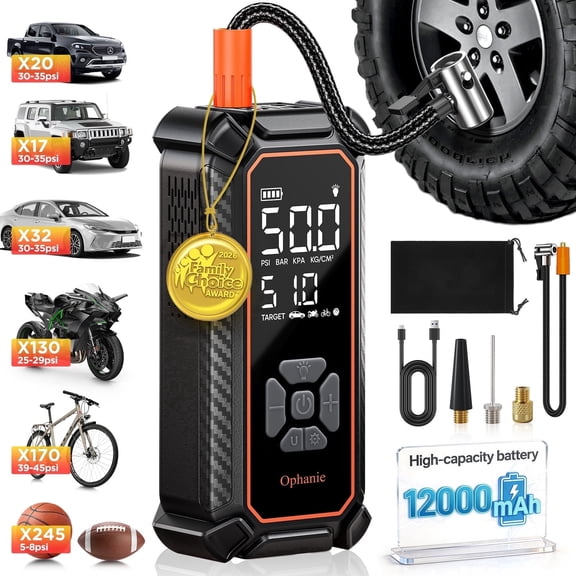Ophanie Cordless Tire Inflator Portable Air Compressor, Air Pump for Car Tires with Automatic Shutoff, Electric Pump with Digital Pressure Gauge