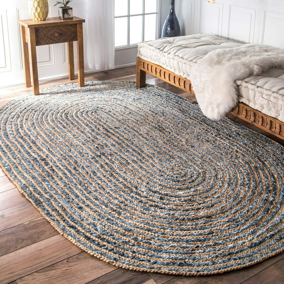 Indian Handmade Braided Natural Jute with Denim Cotton Area Rug, Home Décor Rug, Jute Rug for Bedroom, Dining Room, living room, Doormat Rug Size - 2' x 3' Oval (60 cm x 90 cm)