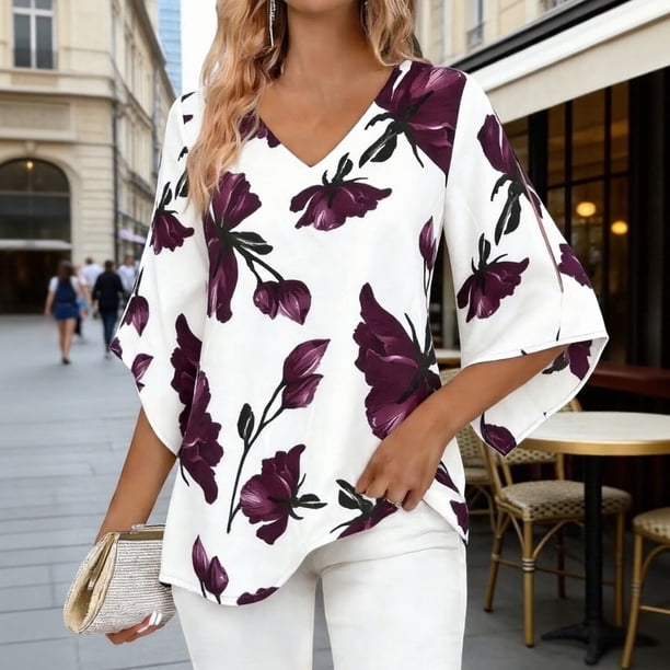 TaTaai Women's Floral Print V-Neck 3/4 Sleeve Top Loose Fit Lightweight Stretch Elegant Blouse Casual Daily Work Wear Gift
