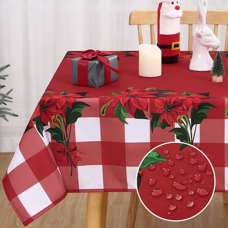 

ZACOO Christmas Tablecloth Red White Buffalo Plaid Flower Table Cover Water Resistant Table Cloth for Rectangular Table Decoration 54 x 70 Inches