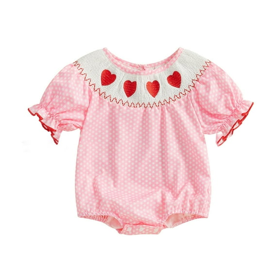 EnJoCho Toddler Kids Baby Girl Valentines Outfit Heart Embroidery PolkaDot Smoc𝗄ed Bubble 𝖱omper Puff Sleeve Bodysuit Jumpsuit Party Wear Holiday Gift Cute Toddler Girl Playsuit Bubble Outfit