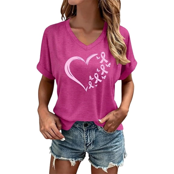Puliio Women's Ribbon Heart Quote Print Tshirt Short Sleeve V Neck Casual Awareness Everyday Graphic Tee