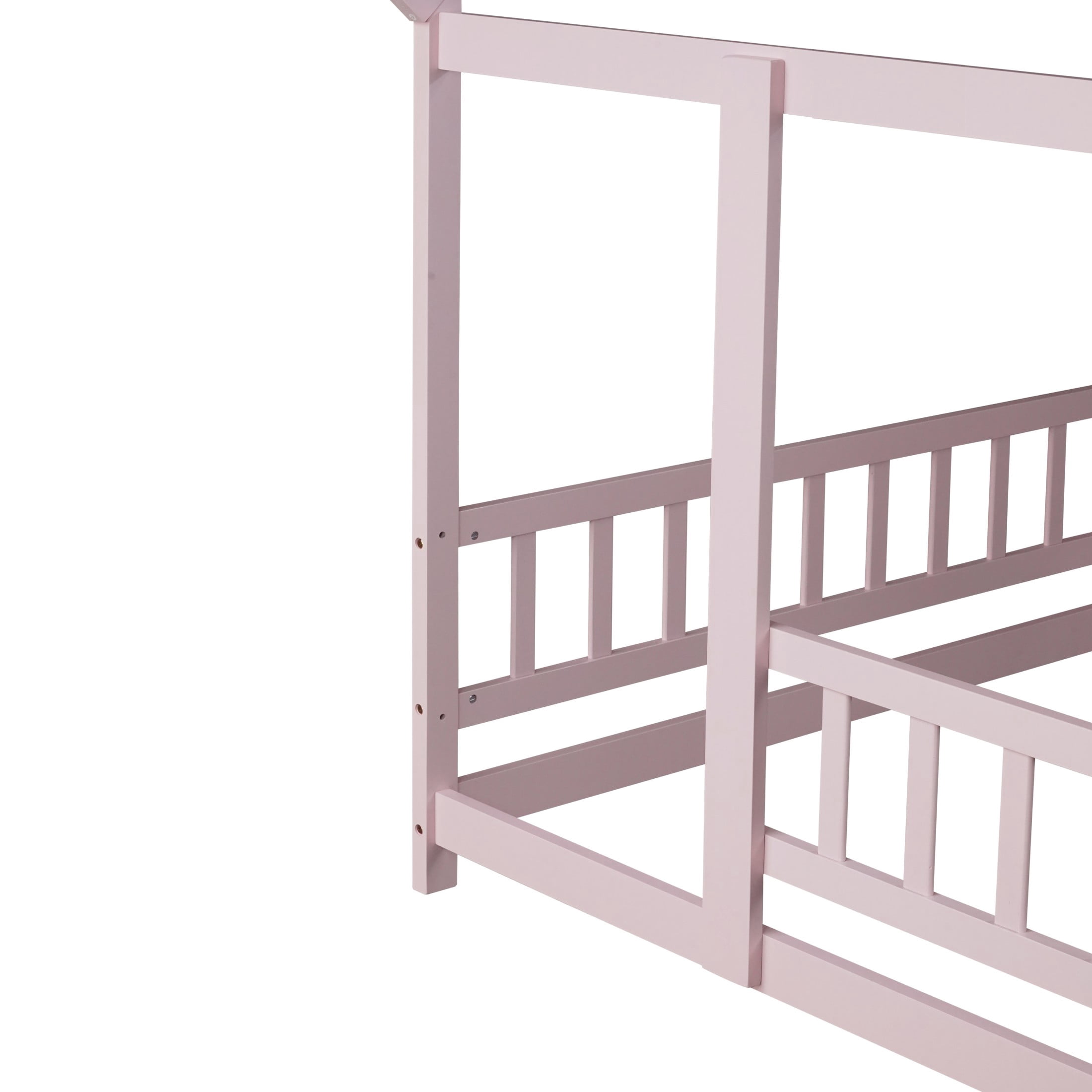 Aukfa Full Size House Bed with Roof, Wood Floor Bed Frame with Fence for Kids Toddler, Pink