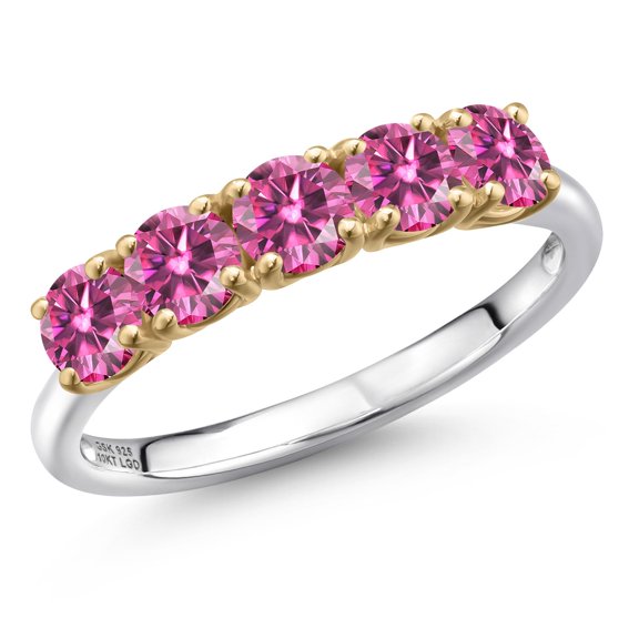 Gem Stone King 925 Silver and 10K Yellow Gold Pink Moissanite Wedding-Bands Ring for Women | 1.15 Cttw | Round 4MM | Gemstone Birthstone | Size 8