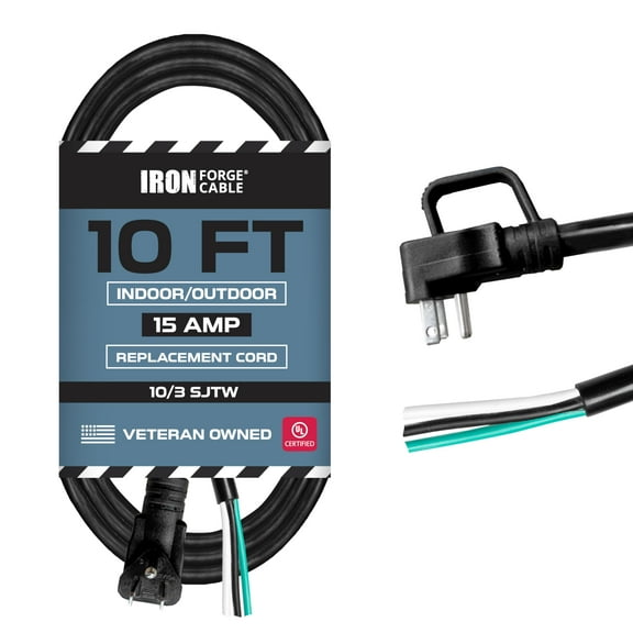 Iron Forge Cable Flat Plug 10 Gauge Power Cord Replacement - 10ft,15 Amp Black Heavy Duty, 10/3 SJT 3 Prong Cable for Appliances & Power Tools