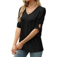 thumbnail image 4 of YUGYXL 3/4 Sleeve Shirt for Women Tie Elbow Sleeve Tshirts Casual Solid Color Comfy Blouse Ladies V Neck Lightweight Clothes Holiday Tops, 4 of 6