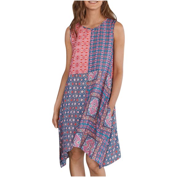 IROINNID Women's Sleeveless Prints Sundress Summer Fashion Bohemian Casual Loose Tank Tops Dress Round Neckline Knee-Length Dress