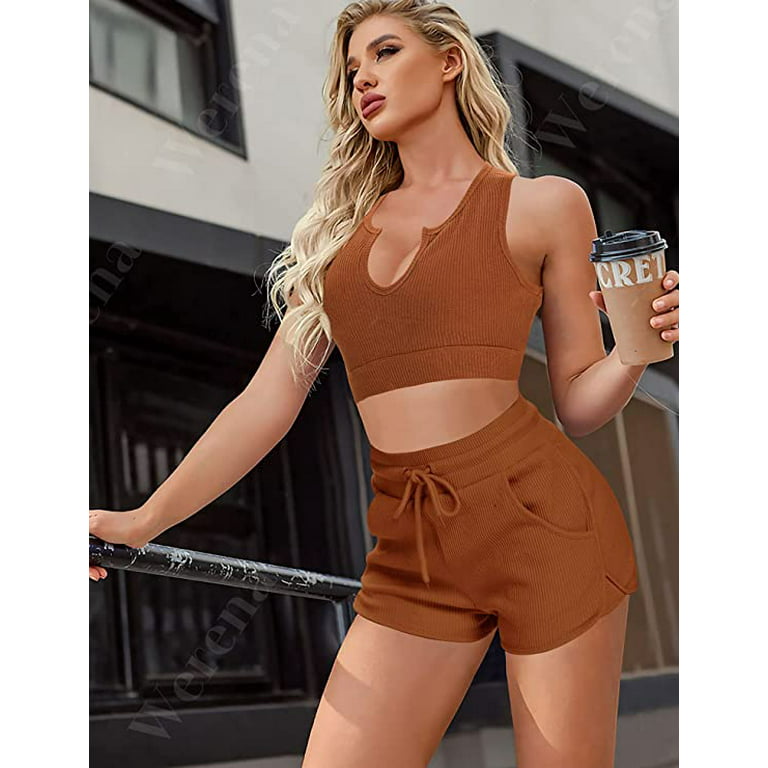 Seamless Workout Sets for Women 2 Piece Ribbed Yoga Gym Outfits High  Waisted Biker Shorts With Sport Bra Tracksuit Set (Brown,Medium) 