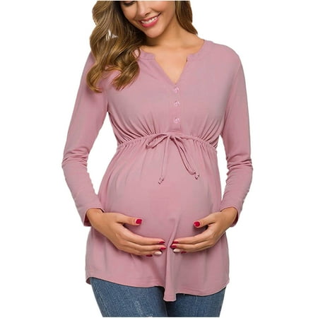 

Maternity Henley V Neck Blouse Pregnant Women Dressy Button Tunic Tops Long Sleeve Drawstring Waist Peplum Shirts