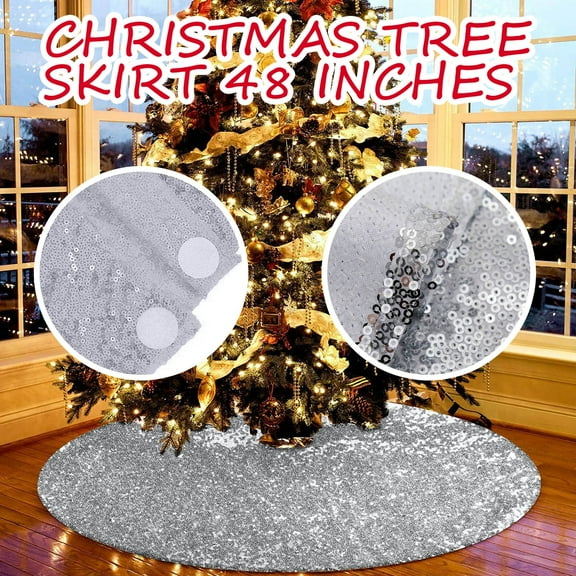 Christmas Tree Skirt 48 Inch Sequin Velvet Tree Skirt Mini Xmas Tree Skirts Halloween Tree Decorations Glitter Christmas Tree Cover Skirt Fall Tree Mat for Holiday Fall Christmas Tree Ornaments (C)