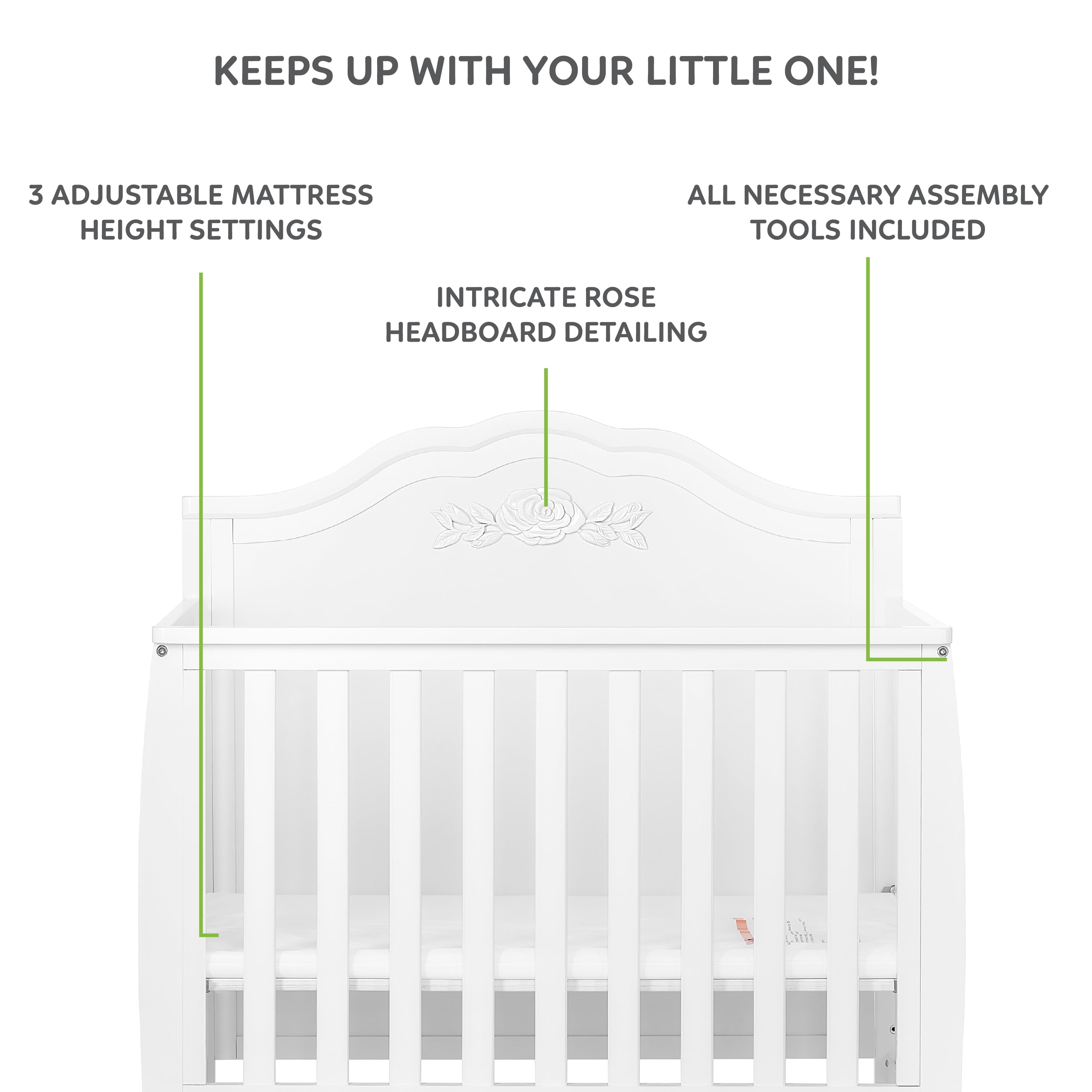 Dream On Me Jasmine 4-in-1 Convertible Mini Crib, New Zealand Pinewood, White