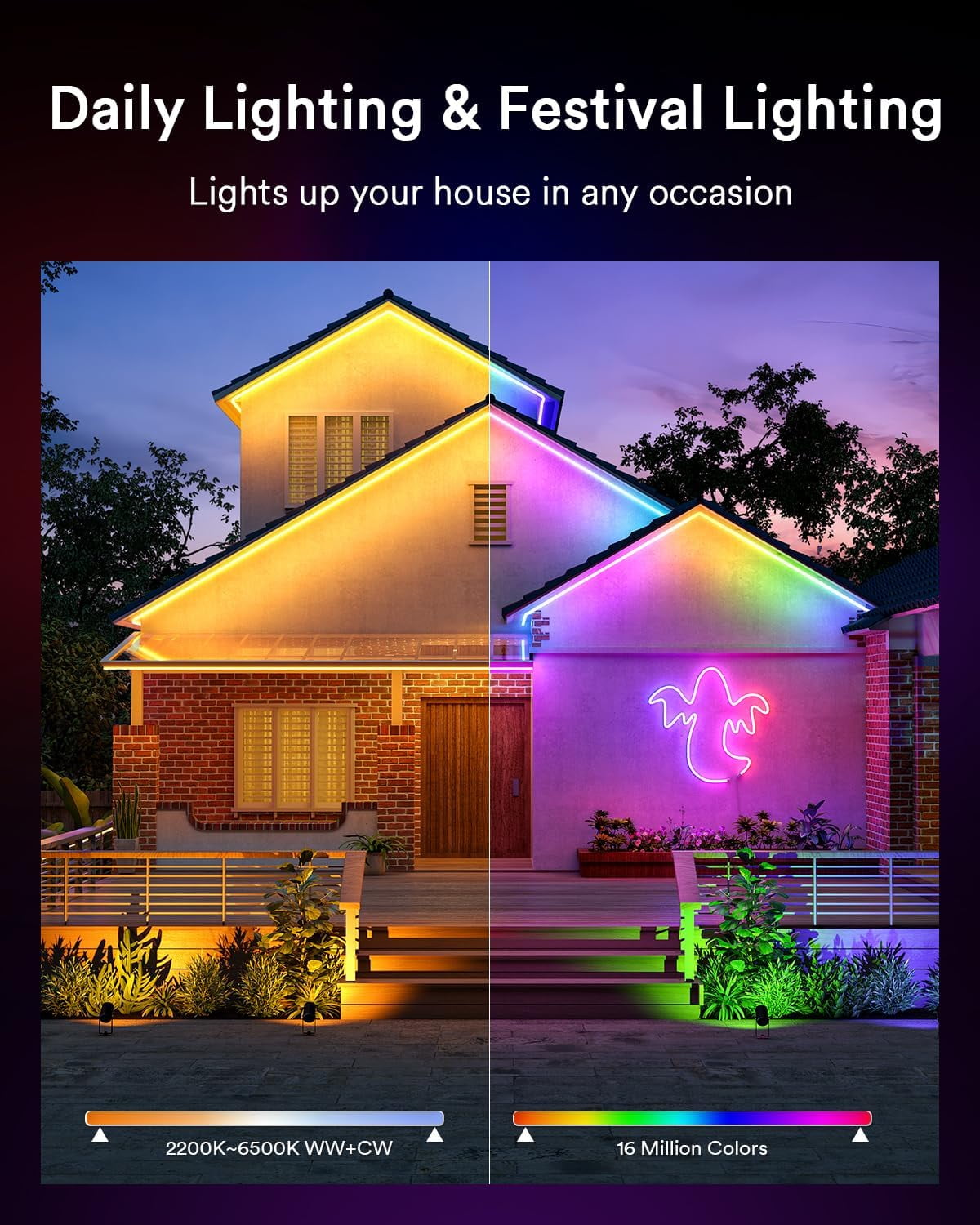 Lumary 16.4ft Smart Outdoor Neon Rope Light IP65 Waterproof RGBAICW LED Strip Music Sync Works with Alexa