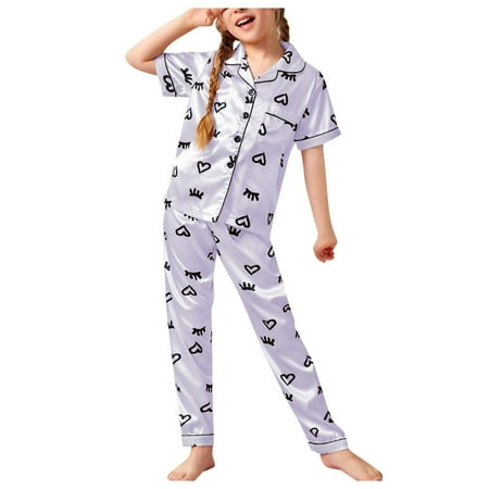 

Clothing Set For Girls 7-8 Children s Pajamas Imitation Silk Color T Short Sleeve Pants Suit Lapel Cardigan Love Home Dress Girls Suit Back To School Clothes Purple 9 Years