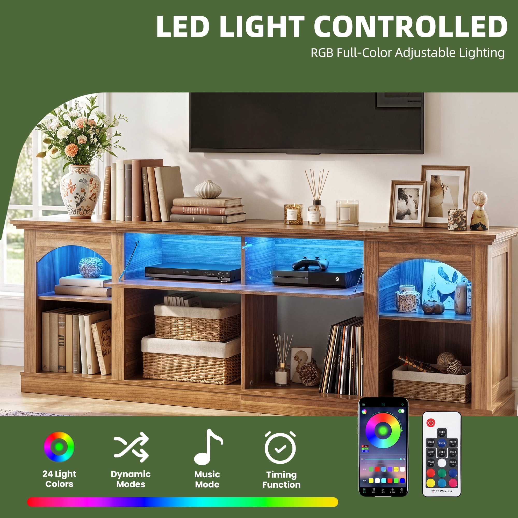 Uforic 70 Inch Farmhouse TV Stand with RGB Ambient LED Light, Flip-Down Carved Door Fits 75/80 Inch TVs for Living Room Bedroom, Light Walnut