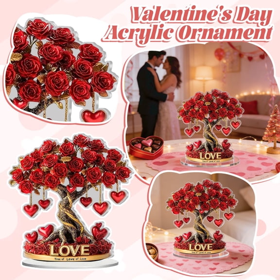 Tree of Love Valentines Day Table Decorations Desktop Ornament Love Tree for for Home Decor Valentines Supplies 2D Flat Rose Tree Acrylic Ornament
