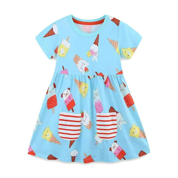 Girls Dress Summer Ice Cream Prints Dress for Toddler Kids Girls Cartoon Pattern Cotton Short Sleeve Cotton Dress Baby Girl Dress Sky Blue 1 Years-2 Years