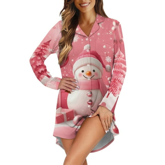 Yuyamidu Cute Snowman Button Down Nightgown with Pockets Pink Nursing Nightgowns for Women Plus Size S Christmas Sleep Dress Soft Long Sleeve Boyfriend Pajamas