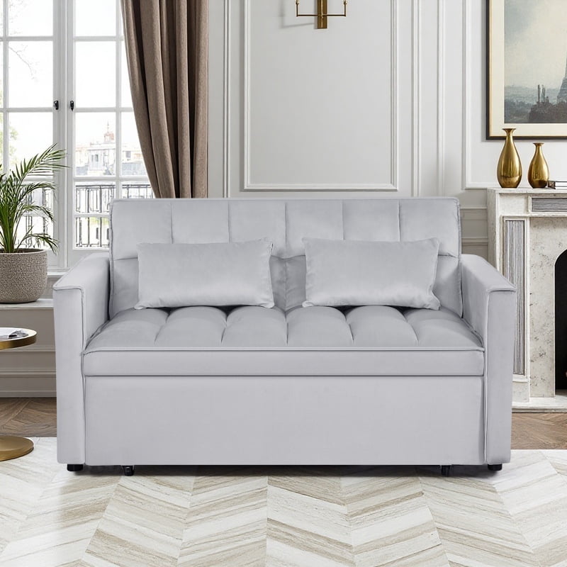 BSHTI 54" Fold out Sleeper Sofa Bed,Convertible Twin-Size Bed,With 3 Angles Adjustable Backres,Velvet Upholstery,Easy Assembly, Light Gray