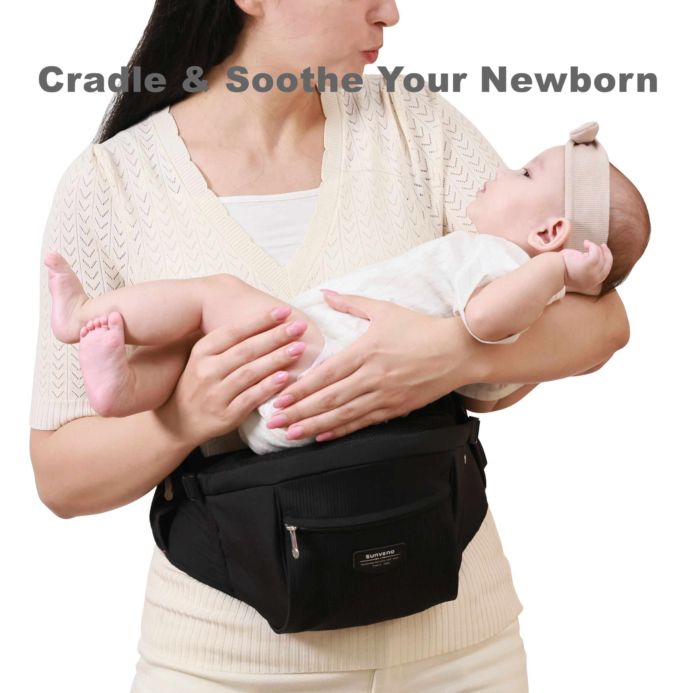 Sunveno Ergonomic Hip Baby Carrier with Seat, Adjustable Waistband & Storage Pockets, Newborn to Toddler up to 45 lbs