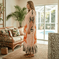 thumbnail image 2 of Oussum Kaftan for Women Plus Size Ornamental Print Peach Maxi Dress, Polyester V-Neck Kimono 3/4 Sleeve Relaxed Fit Dress, One Size 1X–3X, 2 of 5