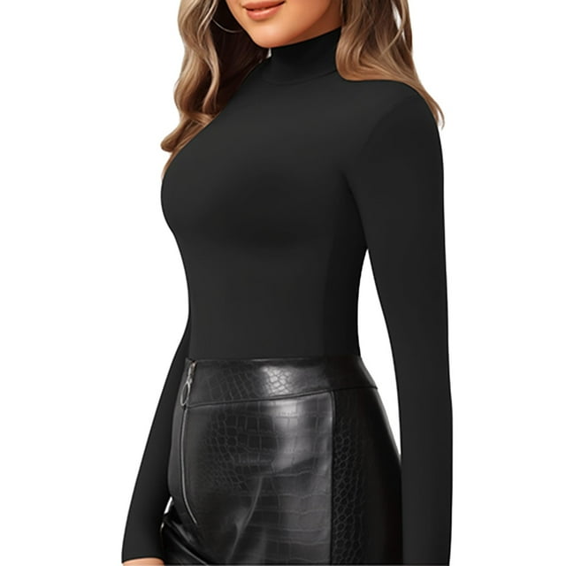 Tops Women High Neck Slim Fit Long Sleeve Solid Tight Base Top Clearance Black S