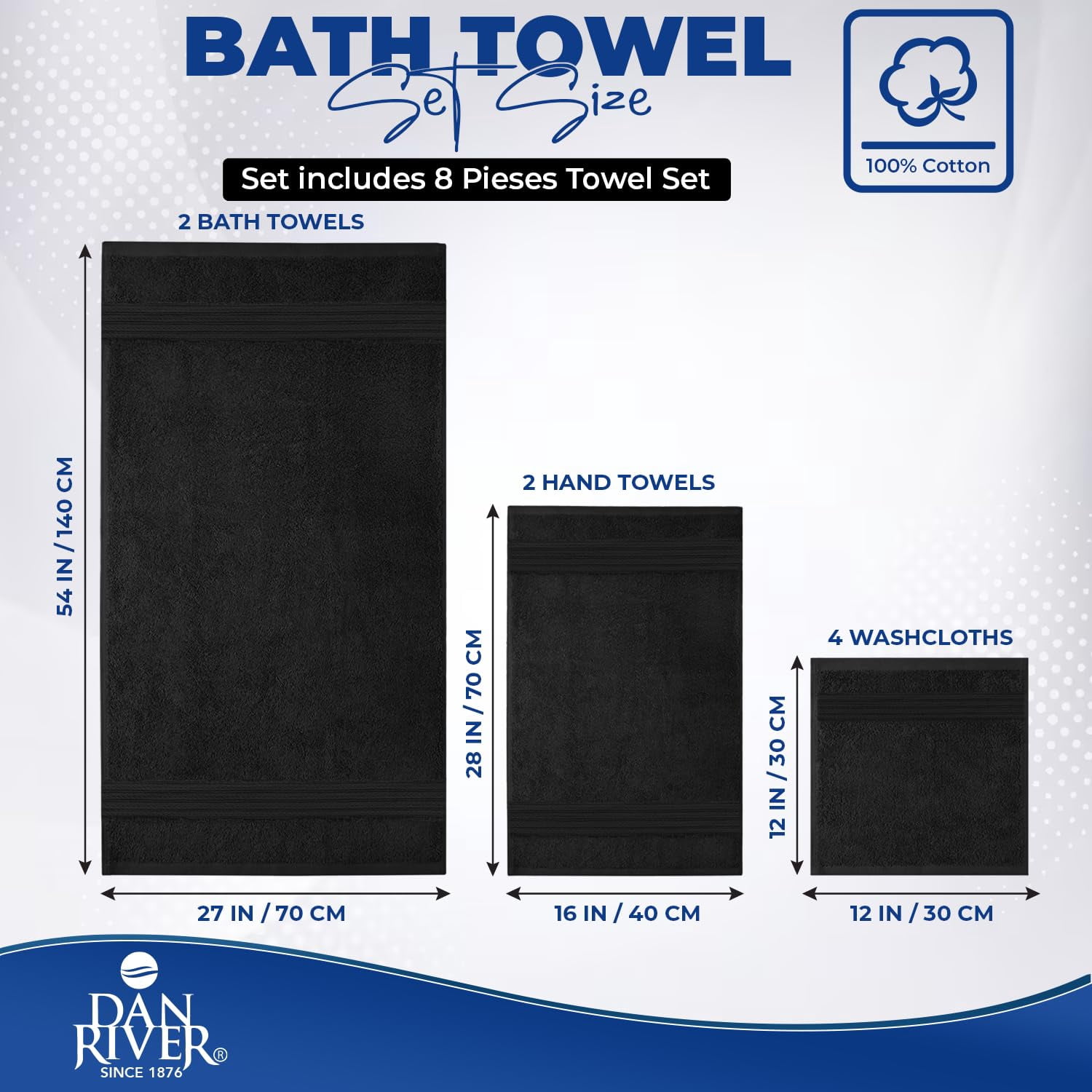 Dan River 8 Piece Towel Set Soft Quick Drying Cotton Bath Towel For Gym, Spa and Bathroom - Black