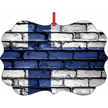 Finland Ribbons - Finland Brick Wall Print Flag Hanging Benelux Shaped Tree Ornament - (Flat) - Double Sided - Holiday - Christmas - Tm - Made in the USA