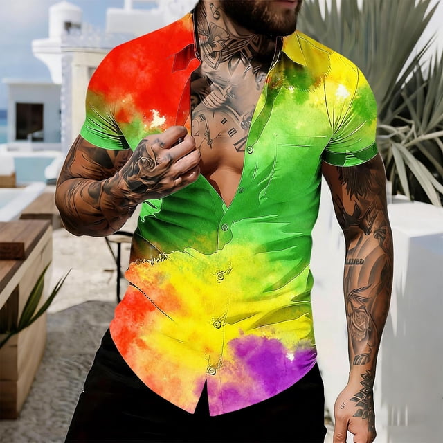 Ceisia Men's Slim-Fit Rainbow Gradient Tie-Dye Short Sleeve Button-Down Shirt Yellow XXXL Gifts