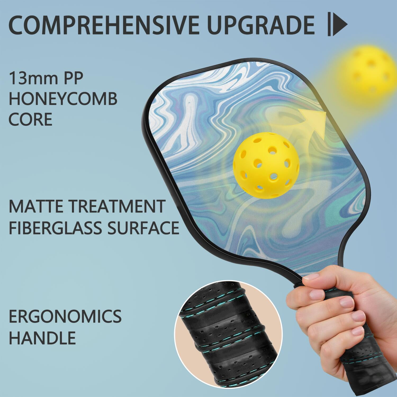 Pickleball Paddles Set Of 1, Fiberglass Surface, Liquid & Marble Print, 1 Paddles, 2 Balls & Bag