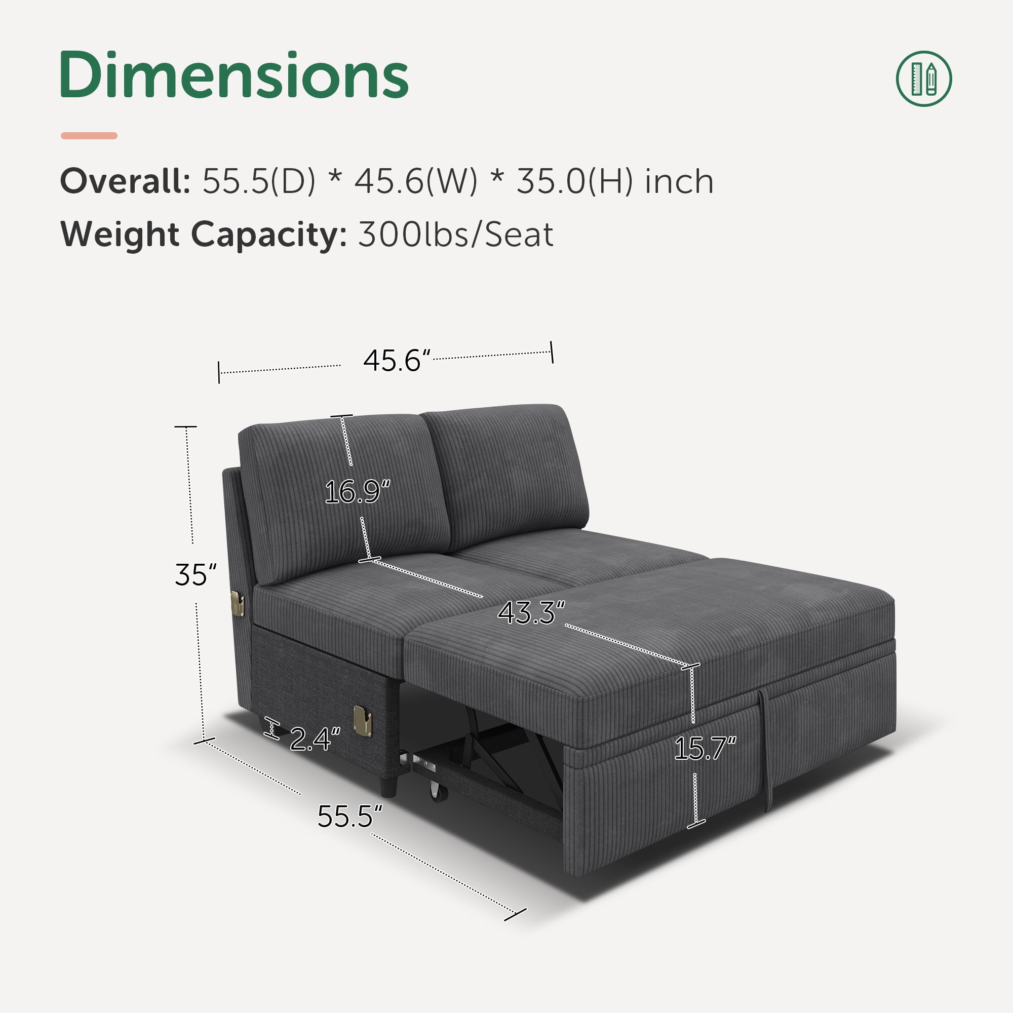 HONBAY Pull-Out Bed Module for Modular Sectional Sleeper Sofa, Corduroy Gray