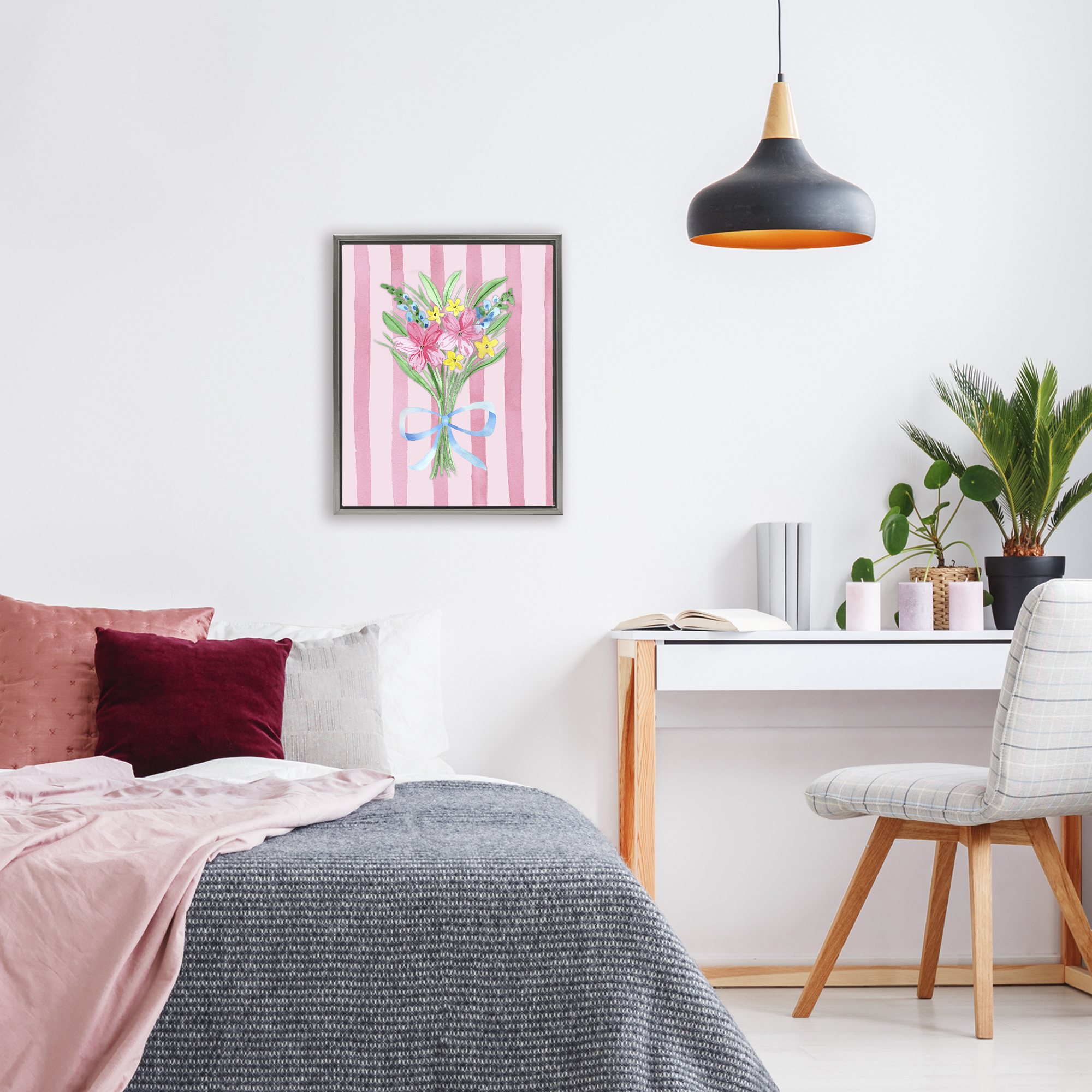 Spring Bouquet Pink & Blue Gray Framed Floater Canvas Wall Art, design by Nina Jacobs