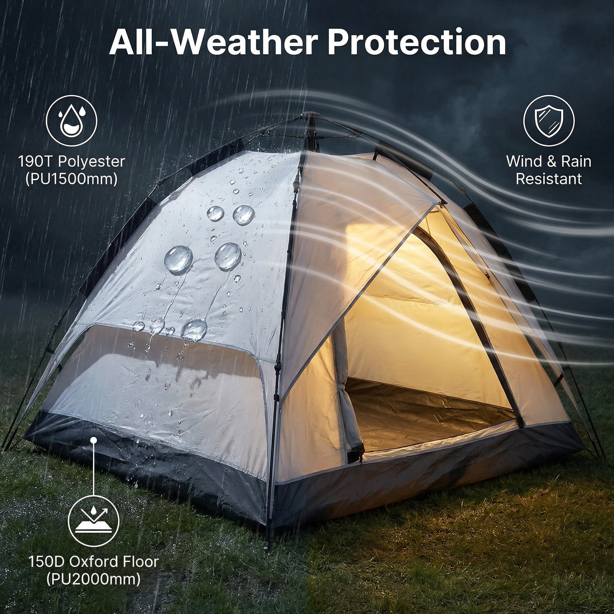 XL Instant Easy Pop Up Tents 3-Person Camping Tent Beige, Plug and Play Tent, Fully Automatic Waterproof Family Camping Tent, Detachable Canopy Tent, Suitable for Beach Camping and Hiking