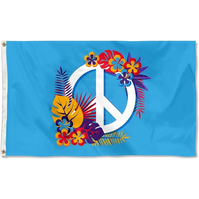 Bandera de la paz mundial de 3 x 5 pies con símbolos de amor y paz y 2 ojales de latón.