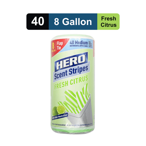 Hero Scent Stripes 8-Gallon, Citrus Scented, Medium Flap Tie Trash Bags, 40 Count