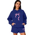 thumbnail image 4 of Women's Fashion Casual Long Sleeve Shorts Sports Round Neck Sweatshirt Set with Bow Print, Activewear for Sports and Casual Activities,Dark Blue,XL, 4 of 6