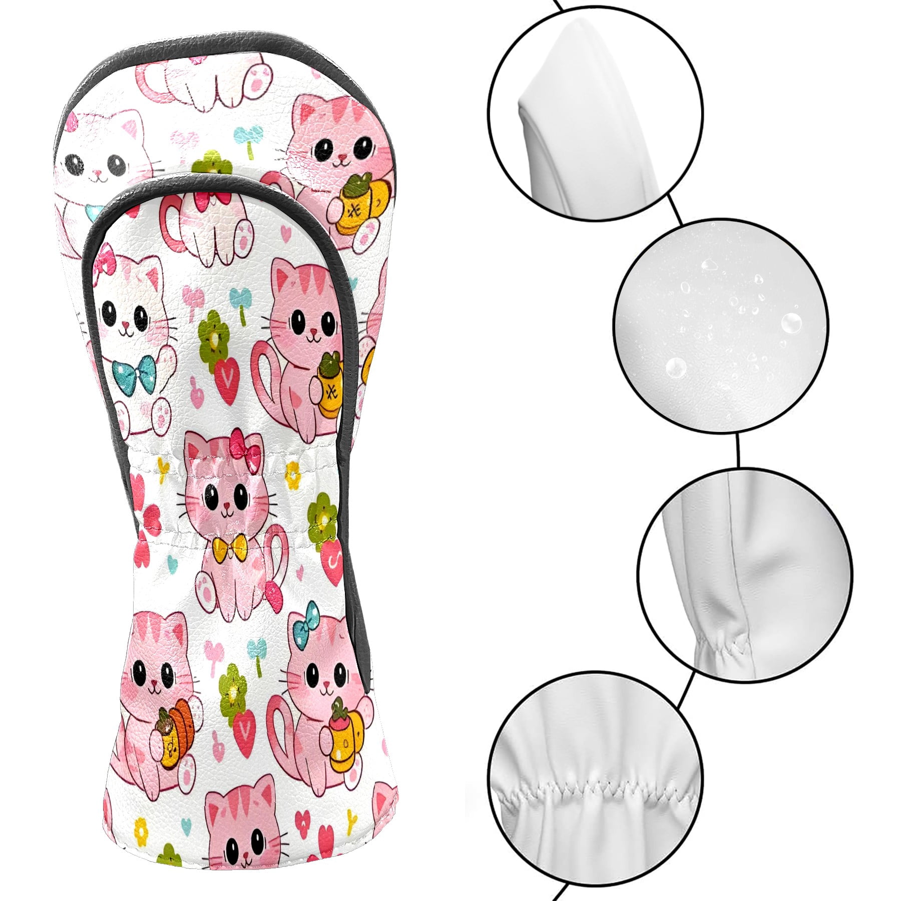 Golf Club Covers, LightPink Cat Premium PU Leather Driver Hybrid Putter Head Covers with Velvet Lining, Waterproof Golf Gifts for Men Women