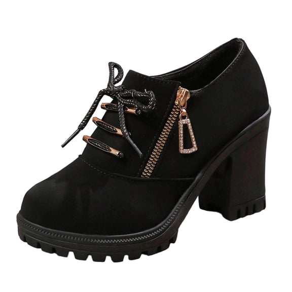 QQAMB Women's Heeled Short Boots Side Zipper Lace Up Block High Heels Dressy Shoes Casual Suede Pumps Boots Non Slip Comfortable Walking Shoes
