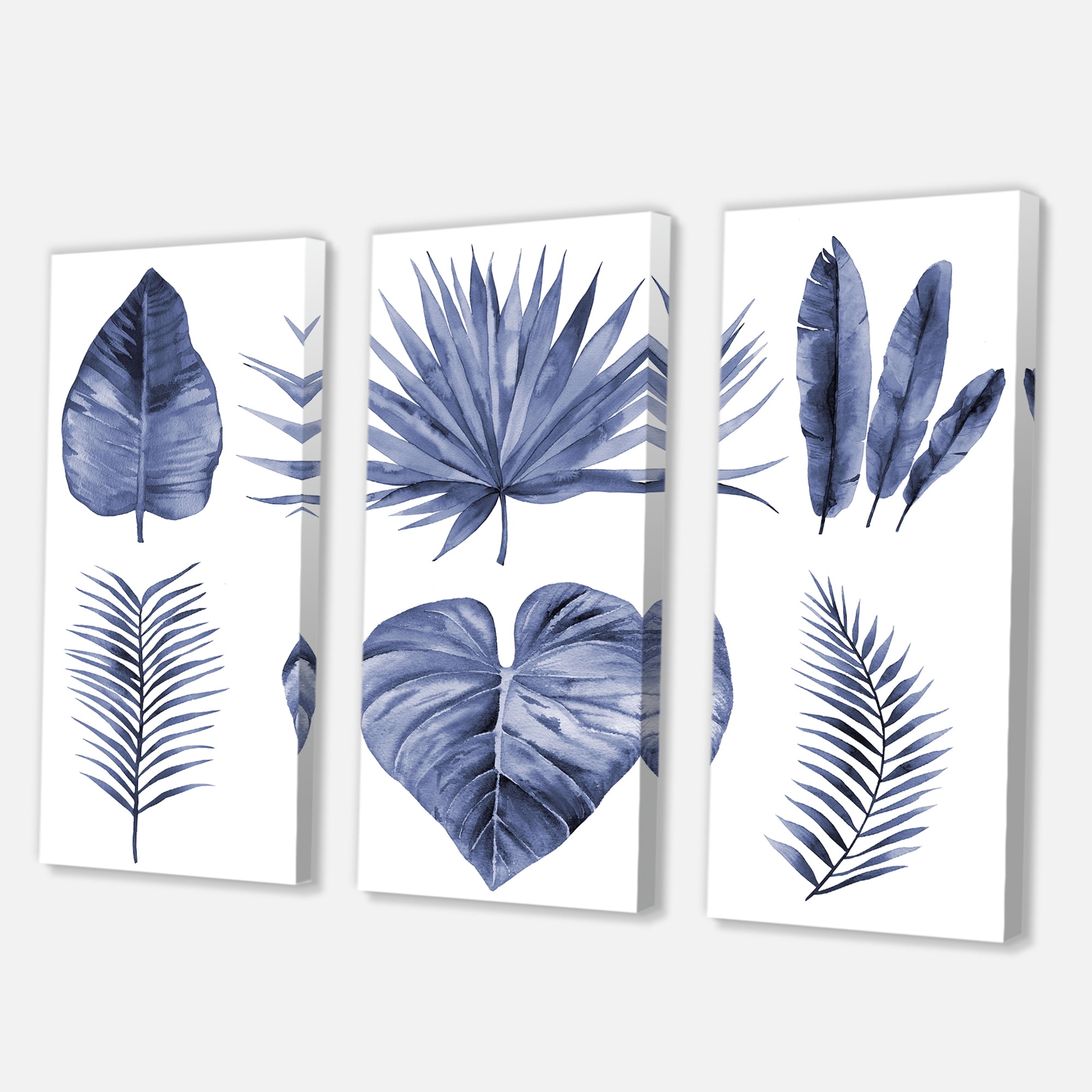 Blue Watercolor Tropical Leaves IV 28 in x 36 in Painting Canvas Art Print, by Designart Set of 3