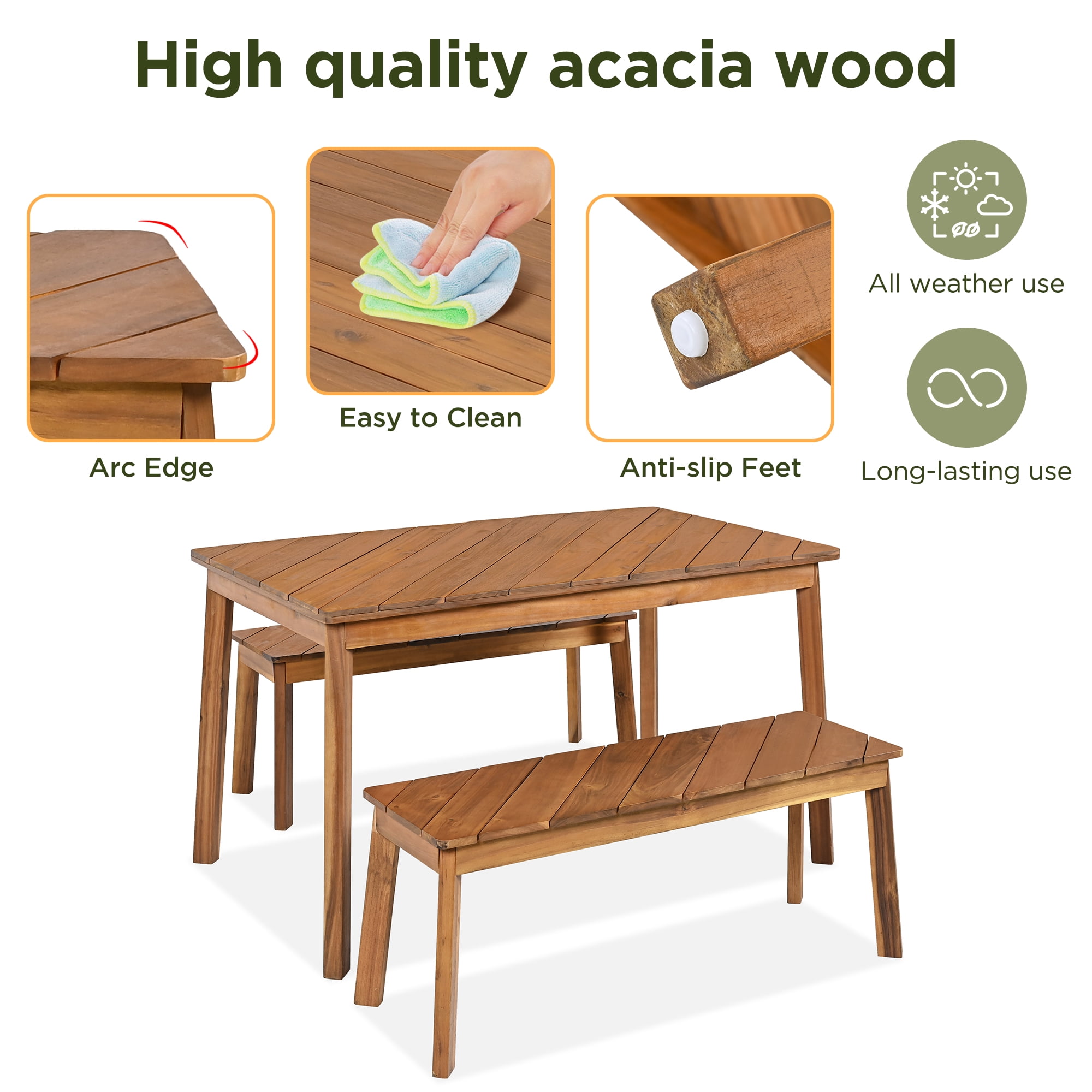 3 Pieces Acacia Wood Table Bench Dining Set For Outdoor & Indoor Furniture With 2 Benches, Picnic Beer Table for Patio, Porch, Garden, Poolside, Natural