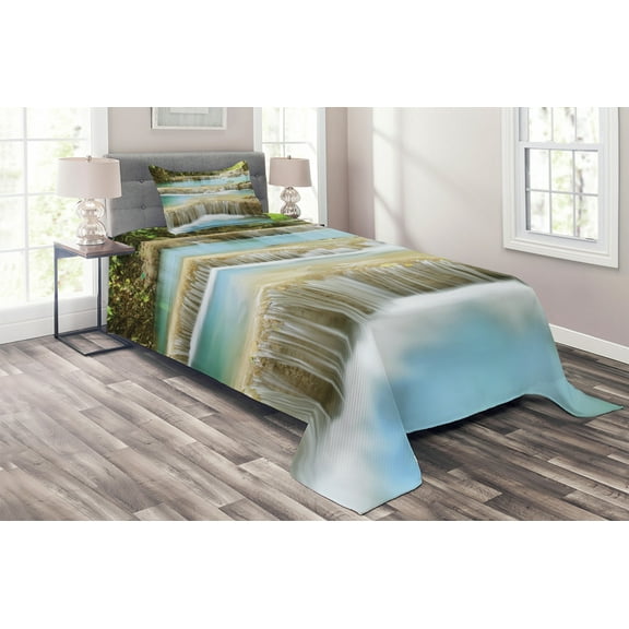 Ambesonne Scenery Quilted Coverlet 2 Pcs, Rock Stairs in Forest, Twin Size, Blue and Green