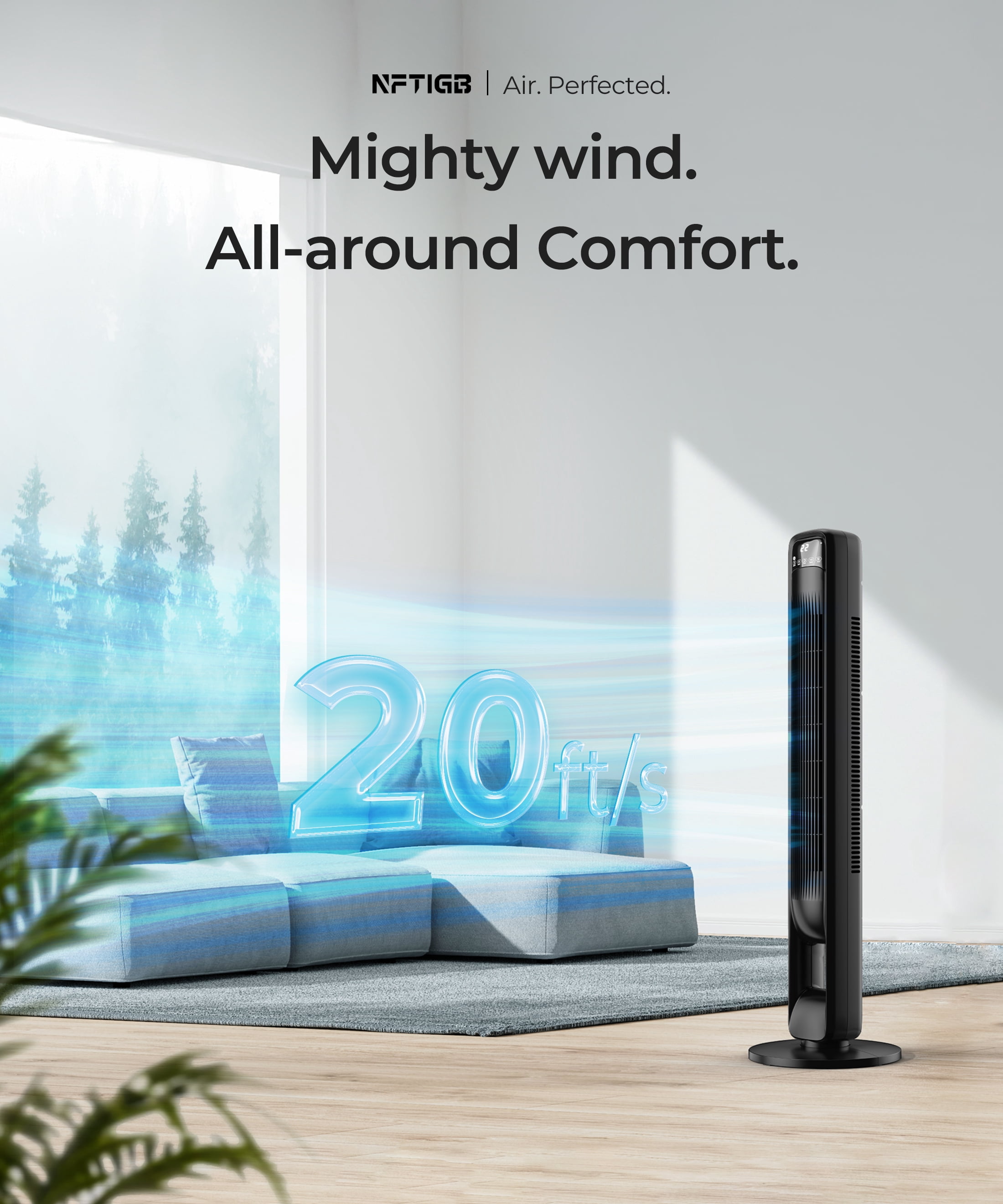 NFTIGB 39 inch Tower Fan for Large Room, Oscillating Bladeless Standing Floor Fan Home, 3 Speeds 3 Modes with Remote,New