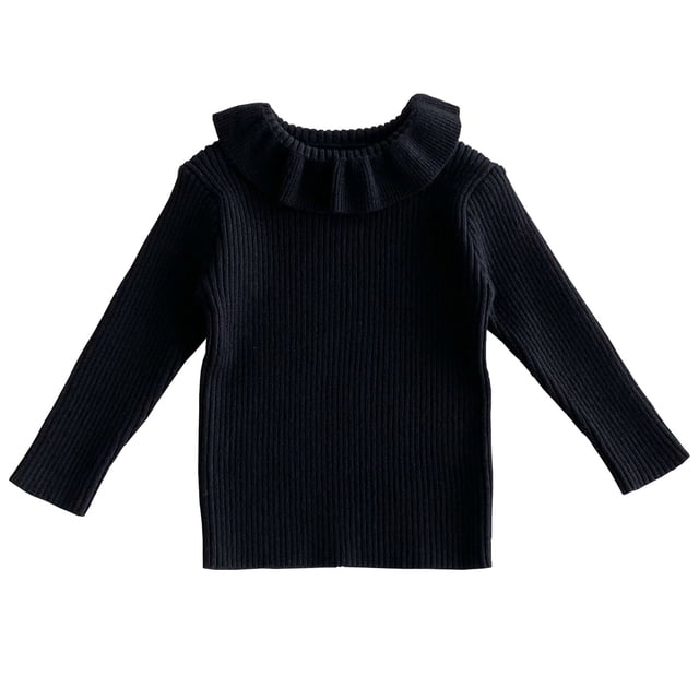 Zwiiyzr 2025 Pullover Sweater for Girls Baby Clothes Ruffled Collared Toddler Knit Sweater Sweatshirt Ribbed Winter Clothes Tops Outfits 1-8 Years Black