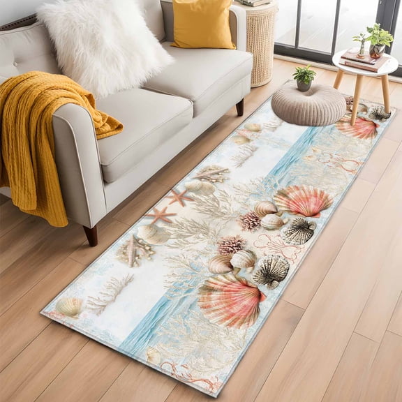 Blue Red Coastal Kitchen Runner Rug 2x6 Washable Runners for Hallway Non Slip Nautical Beach Coral Shell Seaside Large Area Rug Indoor Floor Carpet for Bathroom Laundry Entryway Bedroom Living Room