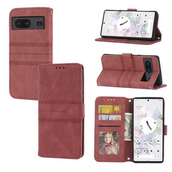 ELEHOLD Hand Strap PU Leather Wallet Case for Google Pixel 7 6.3 inch Ultra slim Soft TPU Magnetic Clasp Flip Folio with Kickstand Shockproof Case for Man Women Case Cover,Red