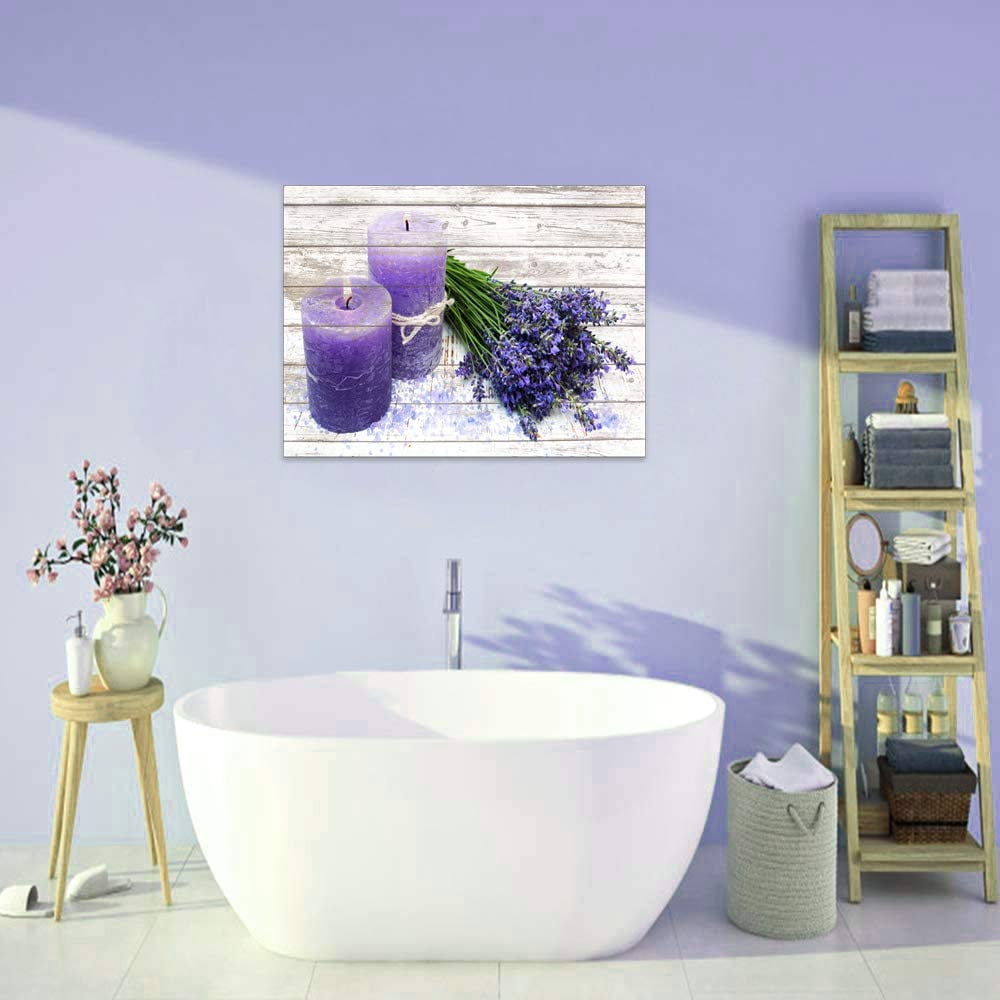 Canvas Wall Art for Bathroom Purple Candles and Lavender Flower Painting Pictures Print on Canvas prints Ready to Hang wall decor for living room bedroom Decoration Modern Home Decor Artwork