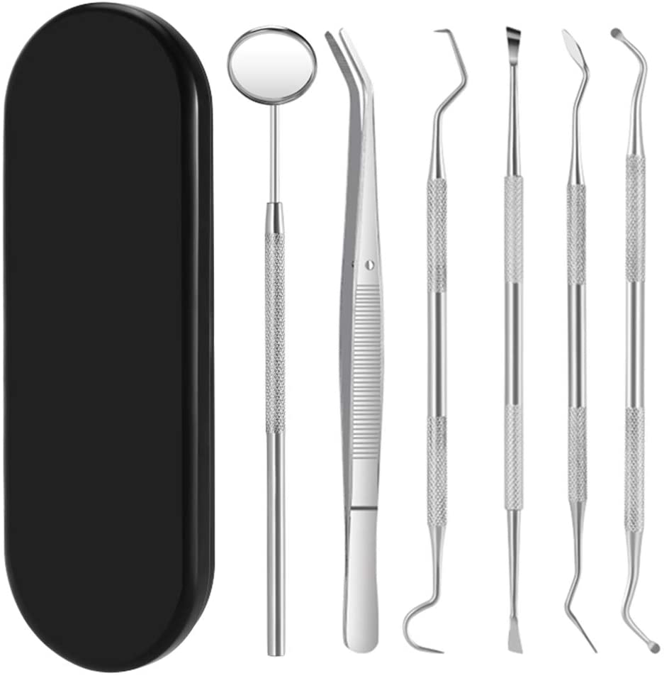Dental Cleaning Tools Set, Medical Grade Metal Dental Hygiene Set Kit with Mouth Mirror Tartar Dental Scaler Tweezer Tooth Scraper and Metal Case for Personal, Family & Pet Oral Care Use(Pack of 6)