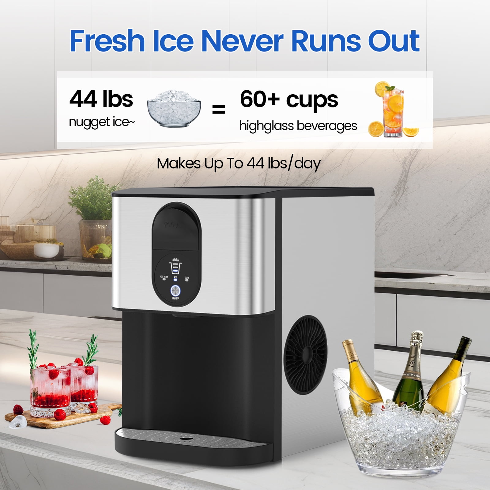 KNDKO Nugget Ice Maker Make Ice Efficiently, Be Ready For Ice Available In 15-20 Mins For 1-2 Cups Of Drink And Make 44 Lbs Ice In 24 Hours, Perfect For Family Party Or Office