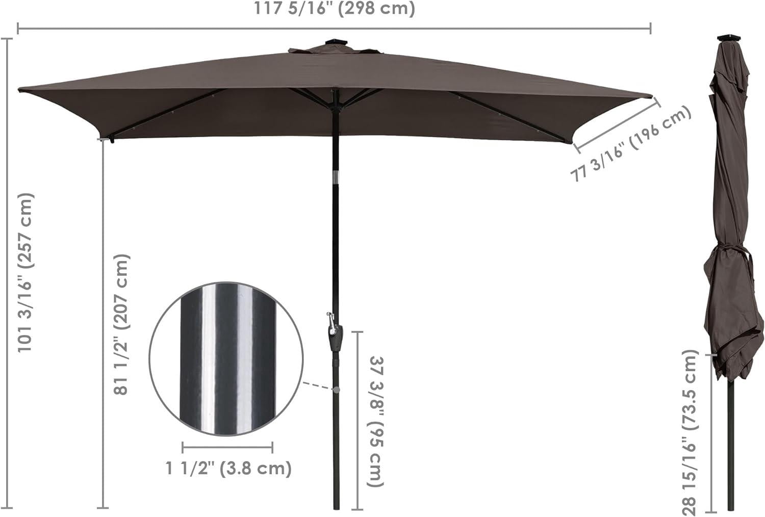 10x6.5 ft Outdoor Rectangle Solar Powered LED Patio Umbrella with Crank Tilt for Garden Backyard Table Market Pool, Brown